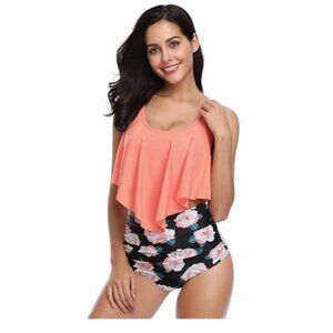 NEW Marinavida Peach Two Piece Ruffled Top Rose High Waisted Tankini Women's L